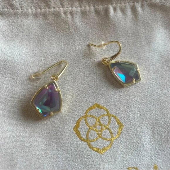 Kendra Scott Gold Tone Cory Drop Earrings Blue Dichroic Glass - Retired HTF - Picture 5 of 5
